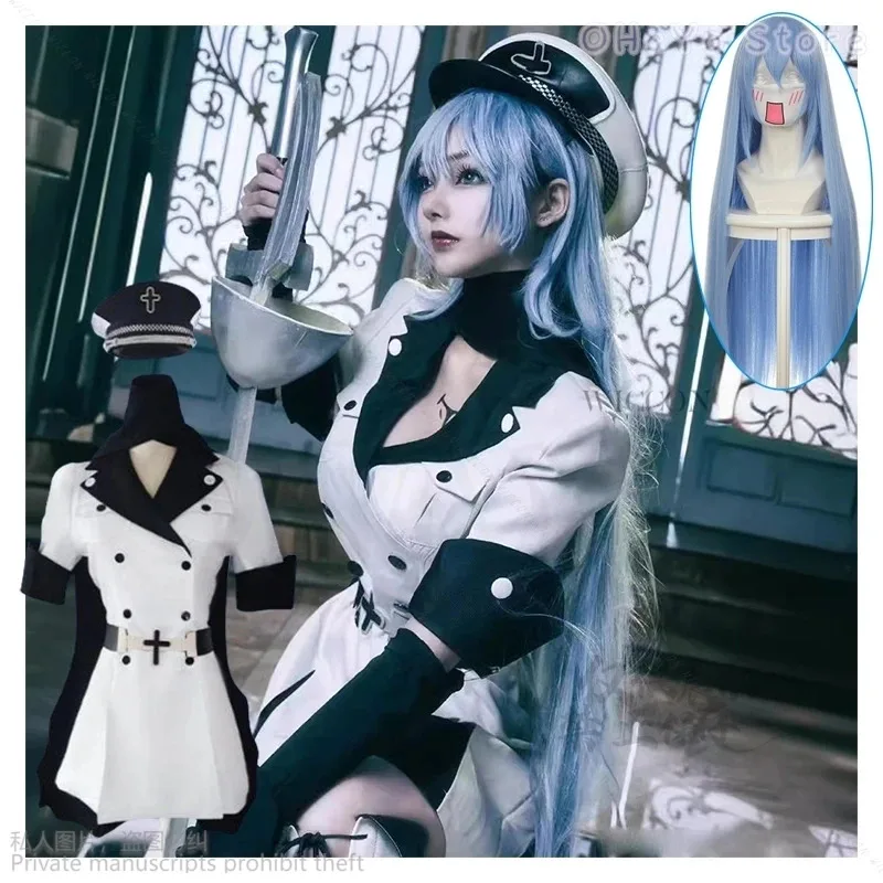 أزياء CyAnime Akame Ga KILL Esdeath التأثيرية مع قبعة وجوارب ملابس شعر مستعار للنساء مجموعة كاملة من Esdeath Empire ملابس عامة للحفلات