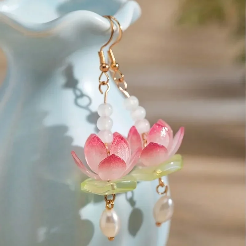 1Pair of Elegant Lively Pink Lotus Earrings with Lotus Tassel Luxury Women's Jewelry Suitable for Daily Wear Parties Dates