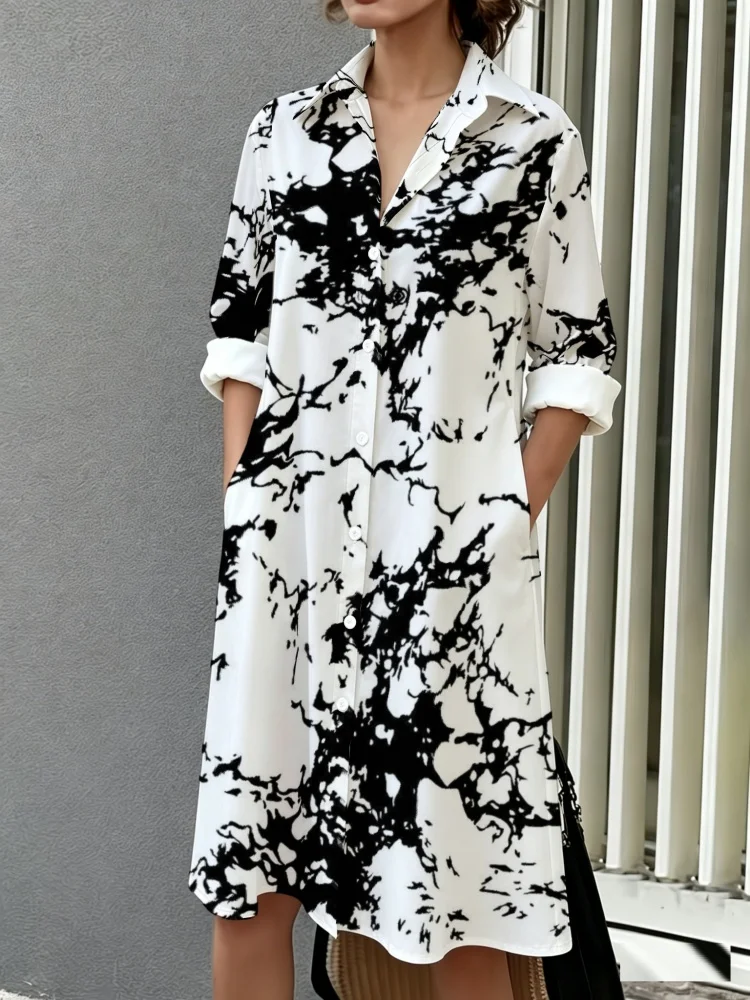 

Women's Casual Shirt Dress Plus Size Vintage Abstract Print Button-Down 3/4 Sleeve Loose Pockets Single Breast Midi Sundress