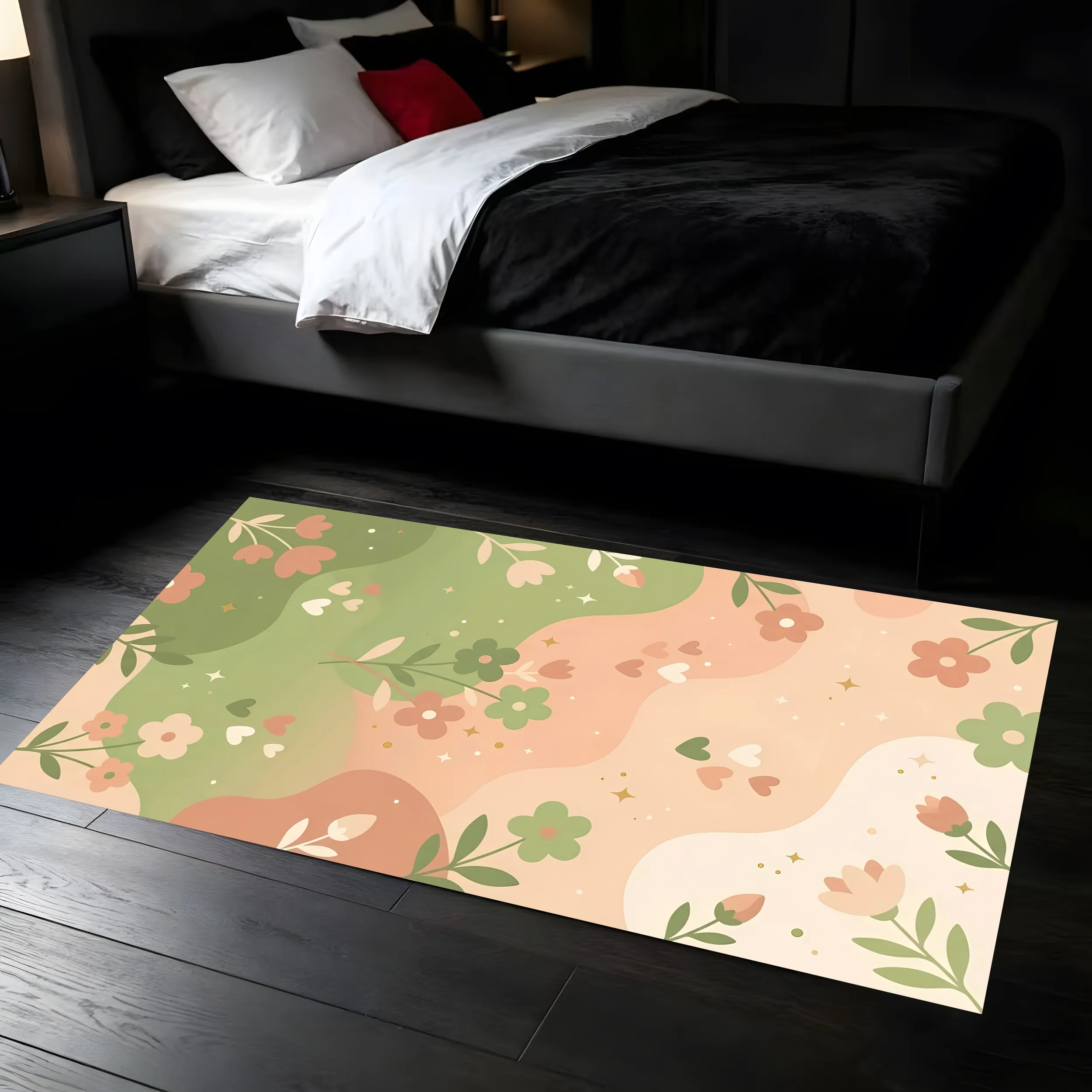 2D Carpet Features Pink Green Floral Pattern Heart Shaped Details Creating a Fresh, Soothing, Visually Appealing Look Perfectly Captivating