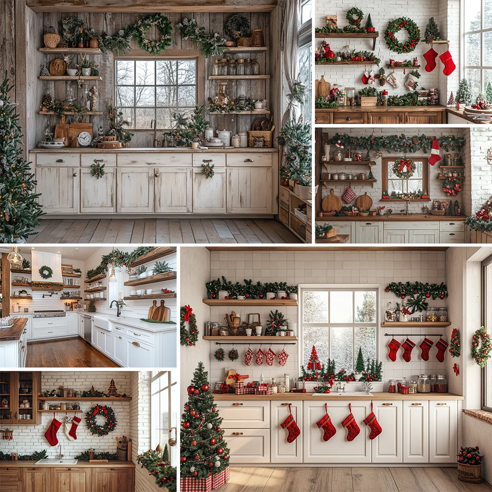 

Photography Background Winter Christmas Kitchen Cabinets Window Xmas Kids Family Portrait Decor Backdrop Photo Studio