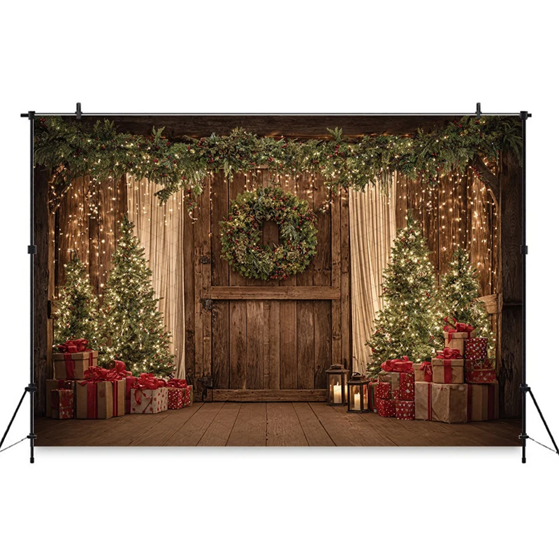 Mocsicka クリスマス写真背景 家族休暇 新年パーティー ツリー 木製ドア 壁装飾 子供写真背景幕 バナー