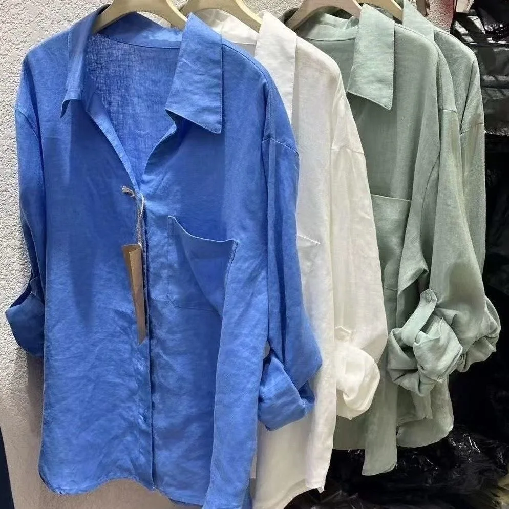 

Laoqianfeng Linen Collar Klein Blue Long Sleeve Casual Shirt Women's Autumn Thin Loose Fit V-Neck Top Comfortable Breathable