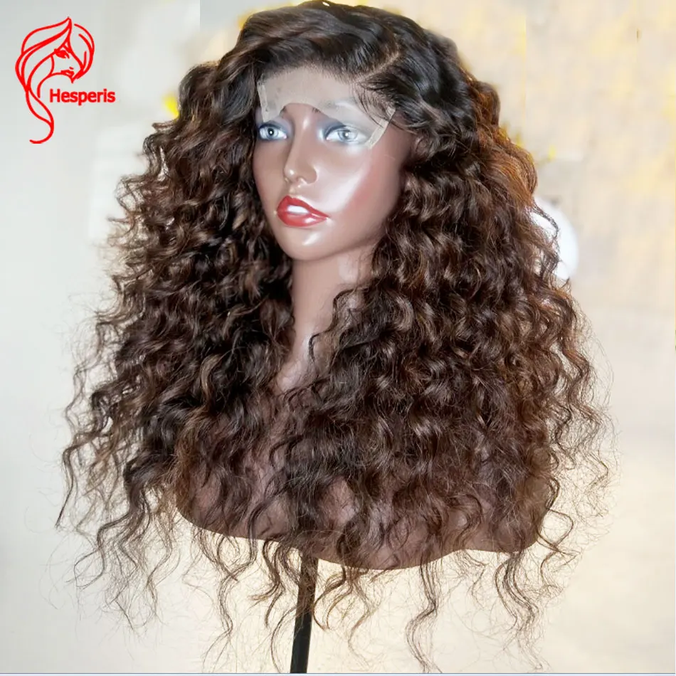 Hesperis Ombre Brown Curly Human Hair Wig Glueless Ombre Water Wavy 13x6 Lace Front Wig With Side Part Two Tone Ombre Brown Wig