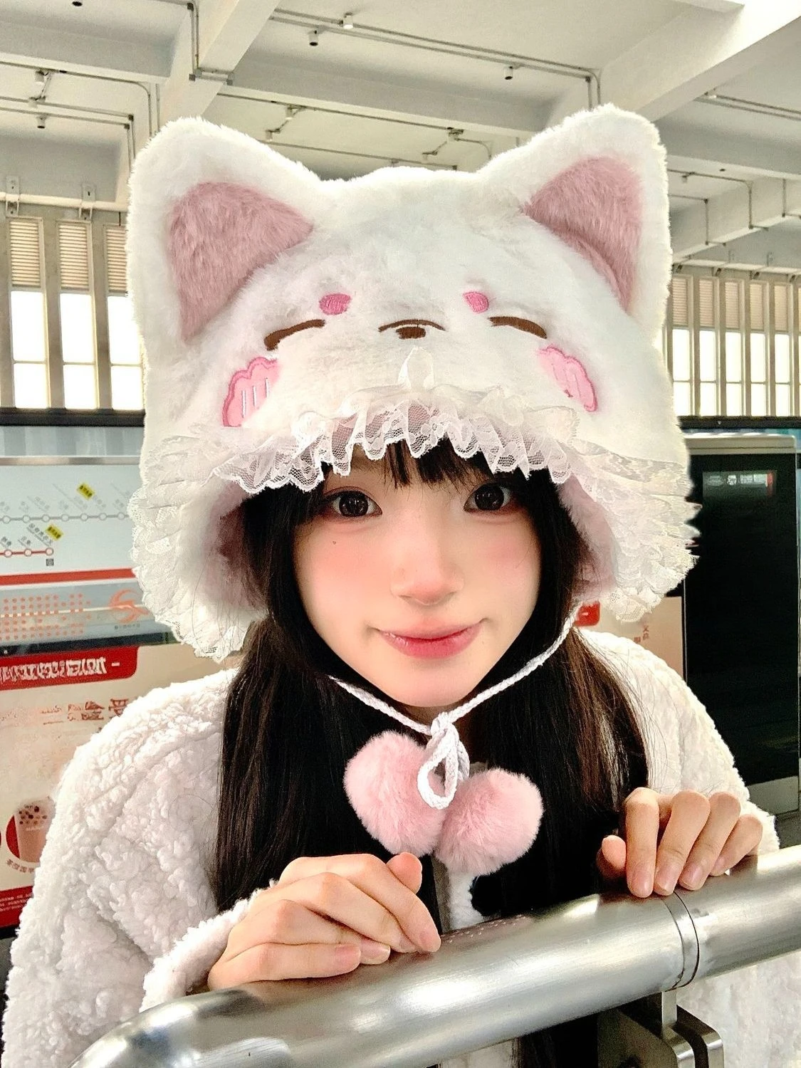 Kawaii Sweet Hat Lolita Women Fluffy Fox Ear Lace Decoration Caps Japanese Y2K Cute Autumn Winter Cute Hat Keep Warm Beanie