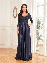 Lucyinlove Elegant Sequins Long sleeve Evening Dress 2024 Women Deep V-neck Satin Prom Party Dress Floor Length Blue Formal Gown