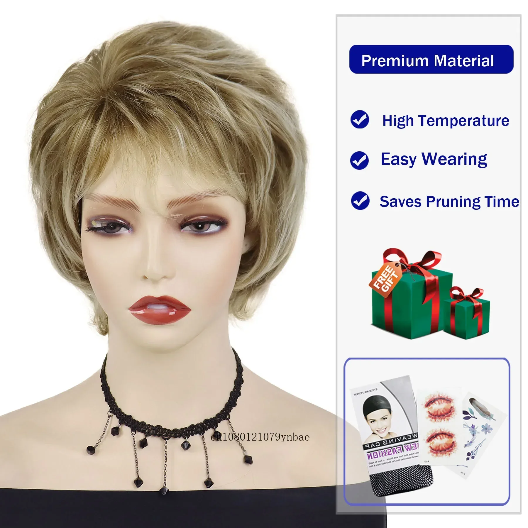 合成ピクシーカットヘアスタイルショートカーリーウィッグ前髪付きオンブルブロンドウィッグ女性用デイリーコスプレパーティーコスチューム耐熱性