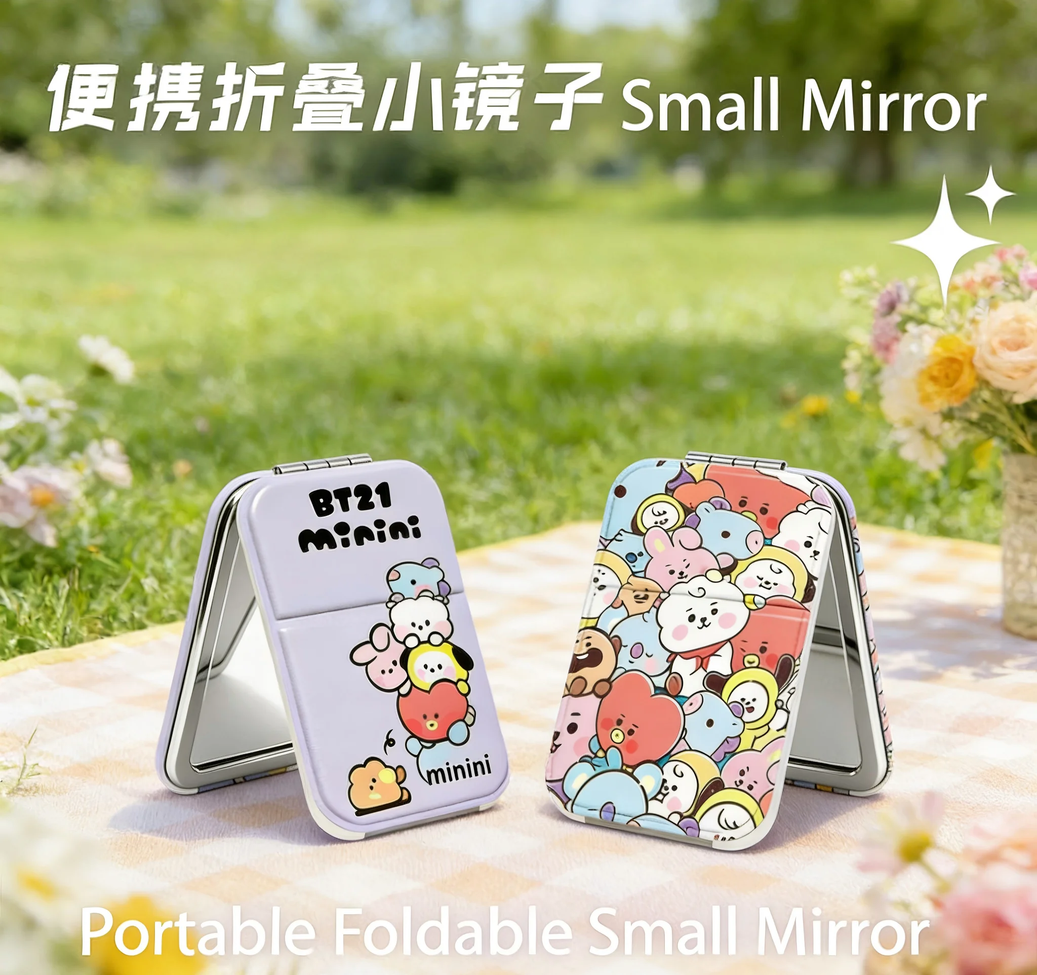 BT21 Tragbarer Klappspiegel Niedlicher Leder-Reise-Make-up-Spiegel Kleine Tischdekoration für Studentenwohnheime