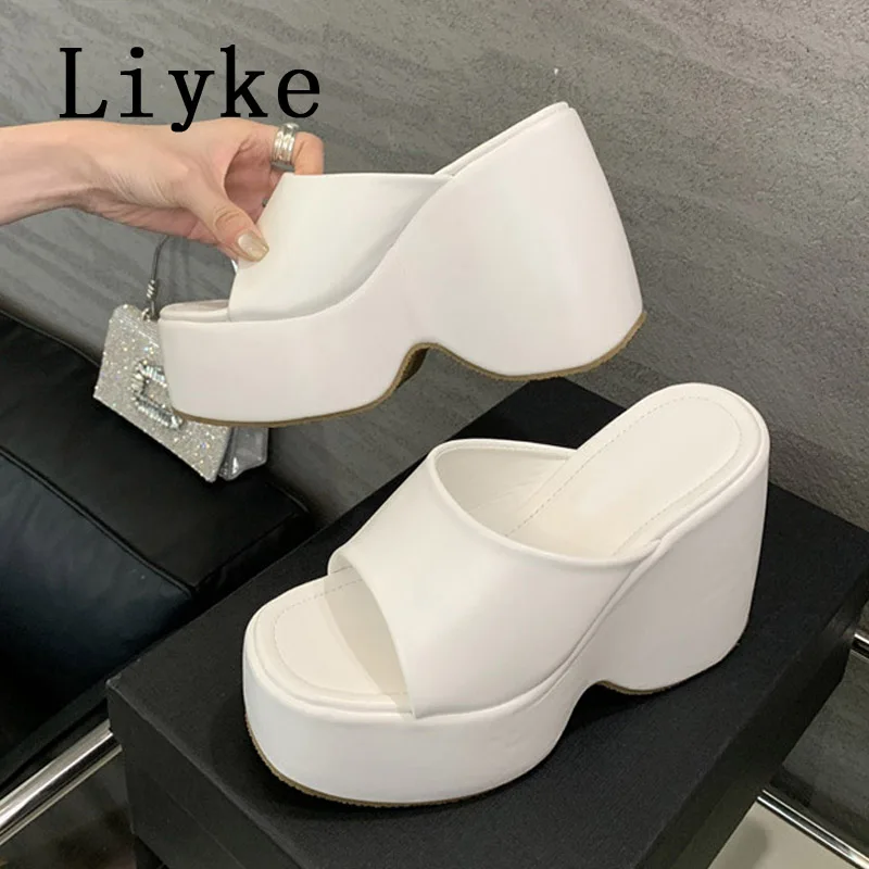 Liyke, zapatillas de cuña con plataforma de cuero blanco y negro para mujer, sandalias de tacón súper alto con punta abierta y parte inferior gruesa de 6,5 CM, zapatos femeninos