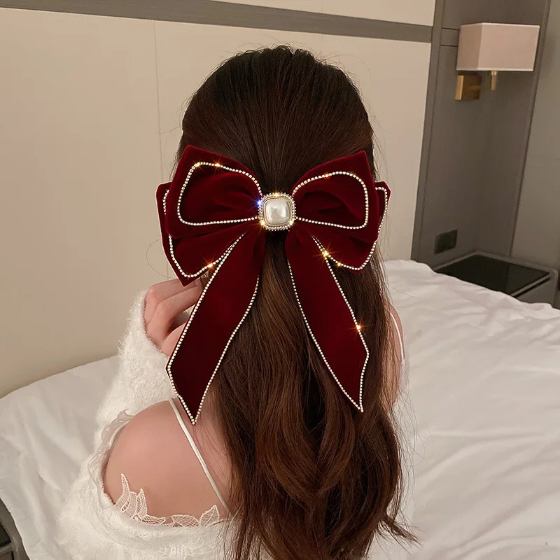 Velvet Inlaid Rhinestone Pearl Bow Hair Clip for Women Korean Fashion Exaggerated Hair Claws Exaggerated Hair Accessories