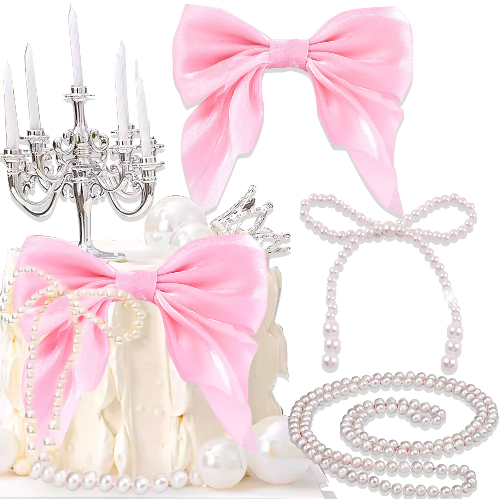LaVenty Rosa Schleife Kuchen Topper Perle Schleife Kuchen Dekor Kokette Geburtstagstorte Bachelorette Kokette Geburtstag Party Dekorationen