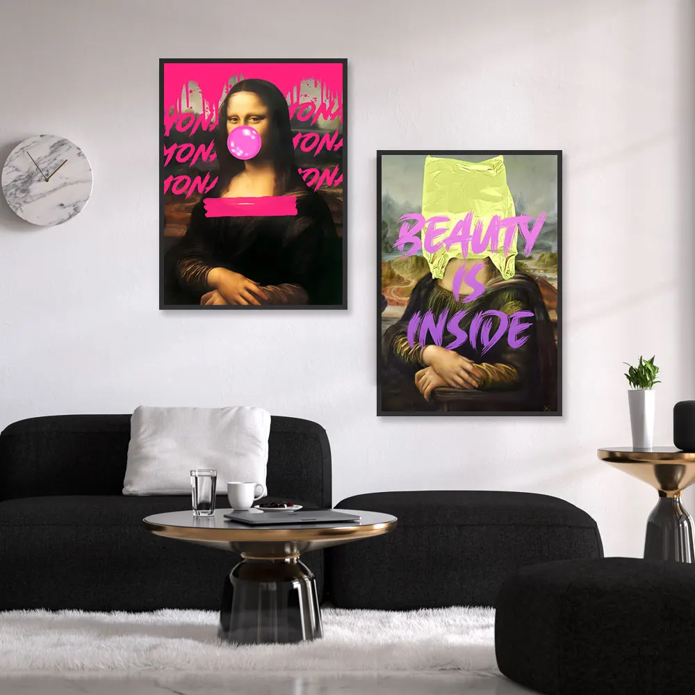 

Mona Lisa Blow up Balloons And Wear Plastic Bag On Head Beanty Is Inside Wall Art Canvas Poster Living Room Home Wall Decor