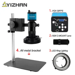 Telecamera per microscopio industriale Video digitale VGA 1080P da 13mp con obiettivo con attacco a C 130X e supporto in metallo leggero ad anello LED per riparazione PCB