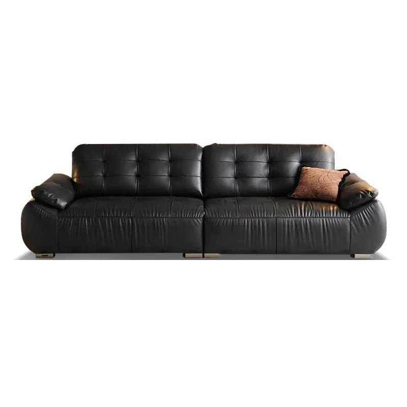 

Italian minimalist black retro one-character straight-row leather sofa small apartment household semi-green leather floor-to-cei