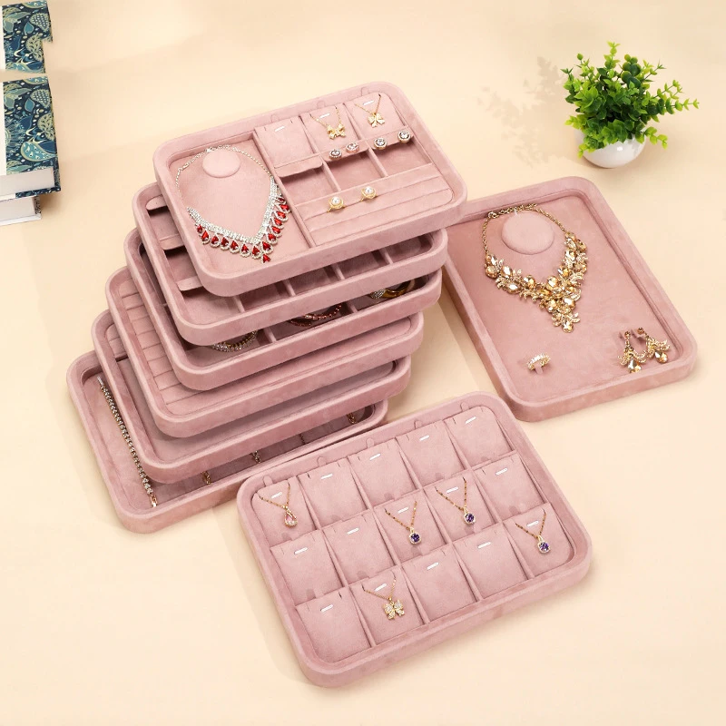 

Pink textured leather jewelry display tray ring stud earrings necklace pendant bracelet storage display tray