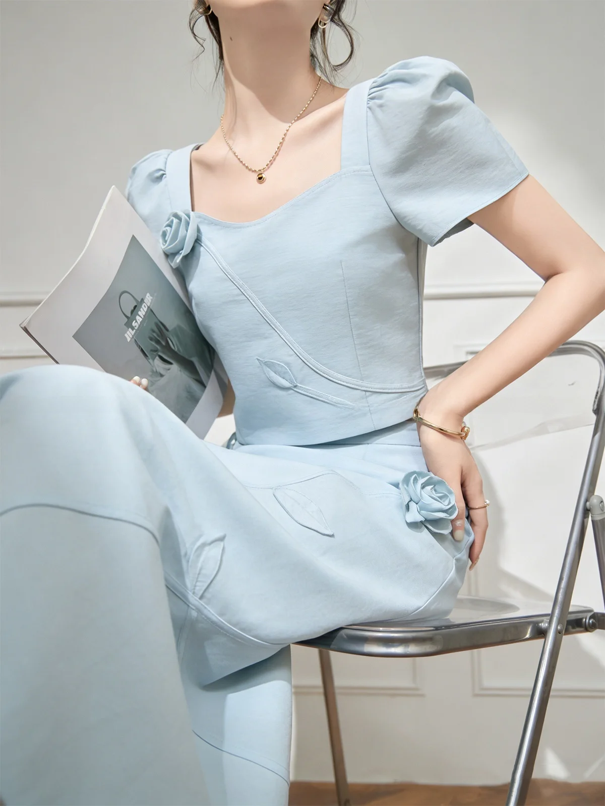 

Elegant Lulu Two-Piece Set Summer Casual High Waist A-Line Skirt Short Sleeve Hollow out Design Floral Print Comfortable Fit