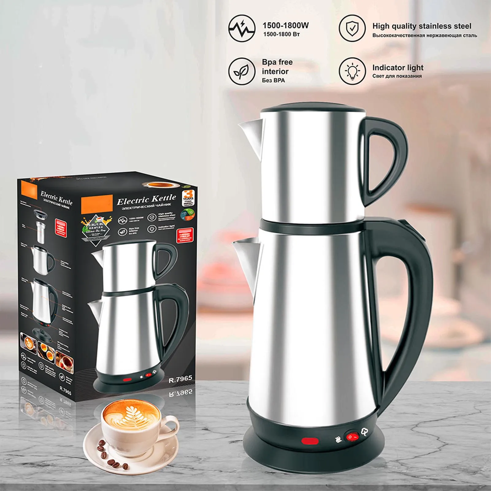 Double Kettle Teapot Set 1800W Stainless Steel Electric Turkish Kettle Detachable Infuser 1L and 2L for Herbal Teas
