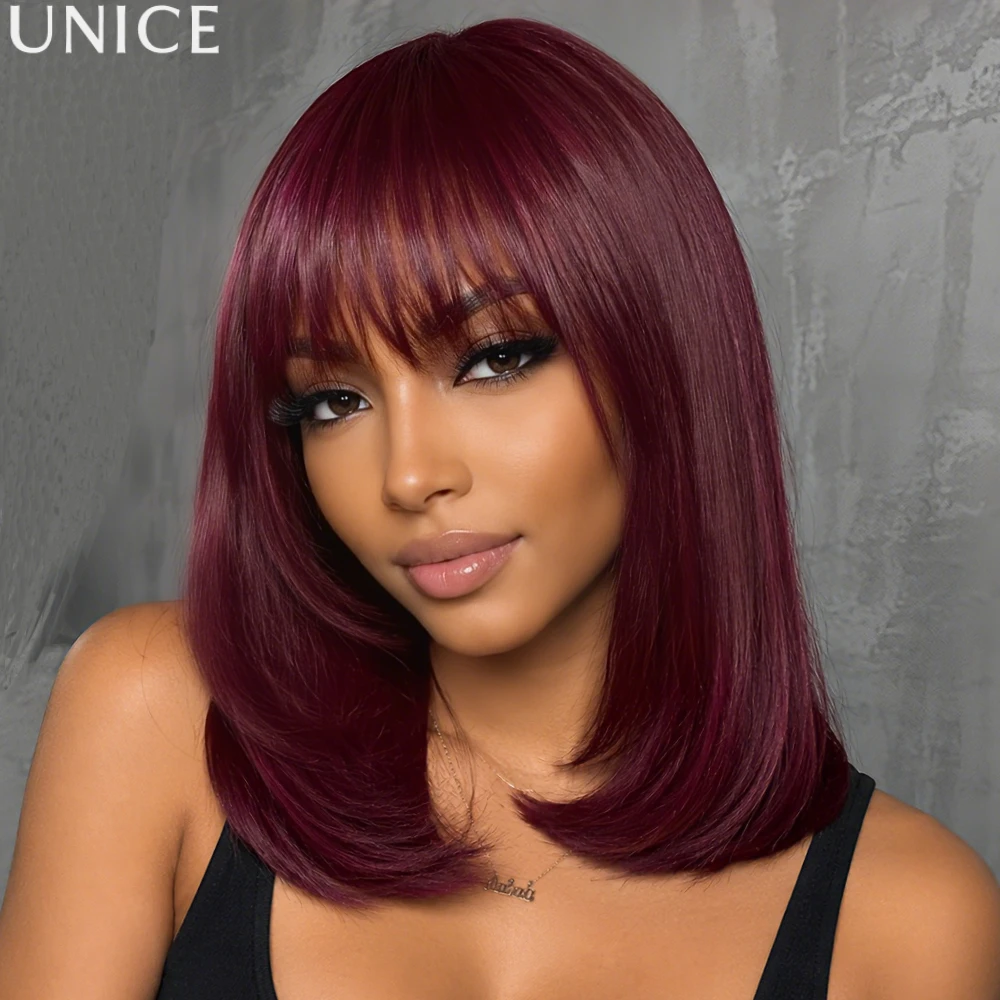 

UNice 99J Burgundy Layered Blowout Bob Wig with Wispy Bangs Machine Made Glueless Human Hair Wigs 150% Density
