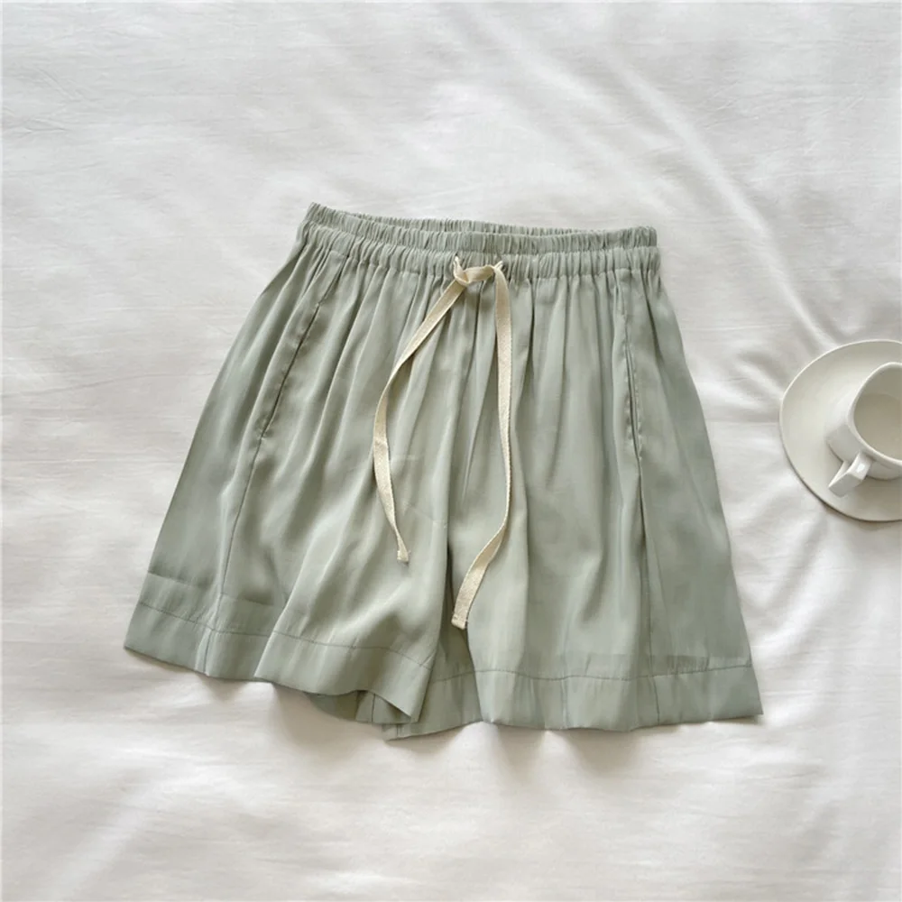 Women's Silk Satin Fabric Shorts Summer Thin High Waistband Elastic Drawstring Lace Up A-line Shorts Versatile Pajama Shorts