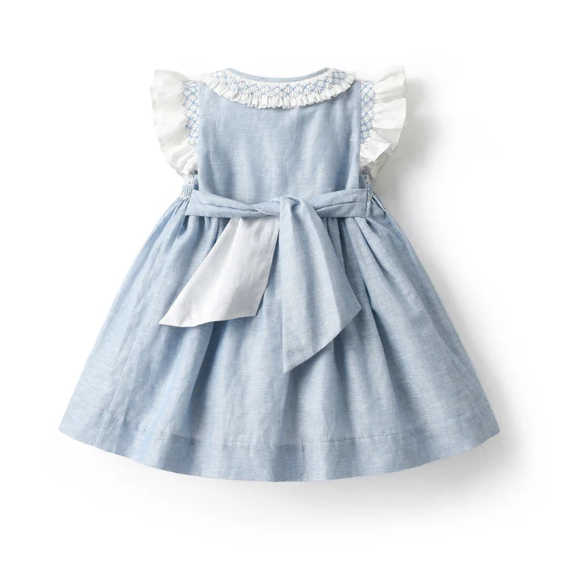 2024 Kids Spanish Dress Girls Hand Made Smocking Blue Dress with Ruffle Collar Sleeeve Baby Smocked Embrodiery Dresses