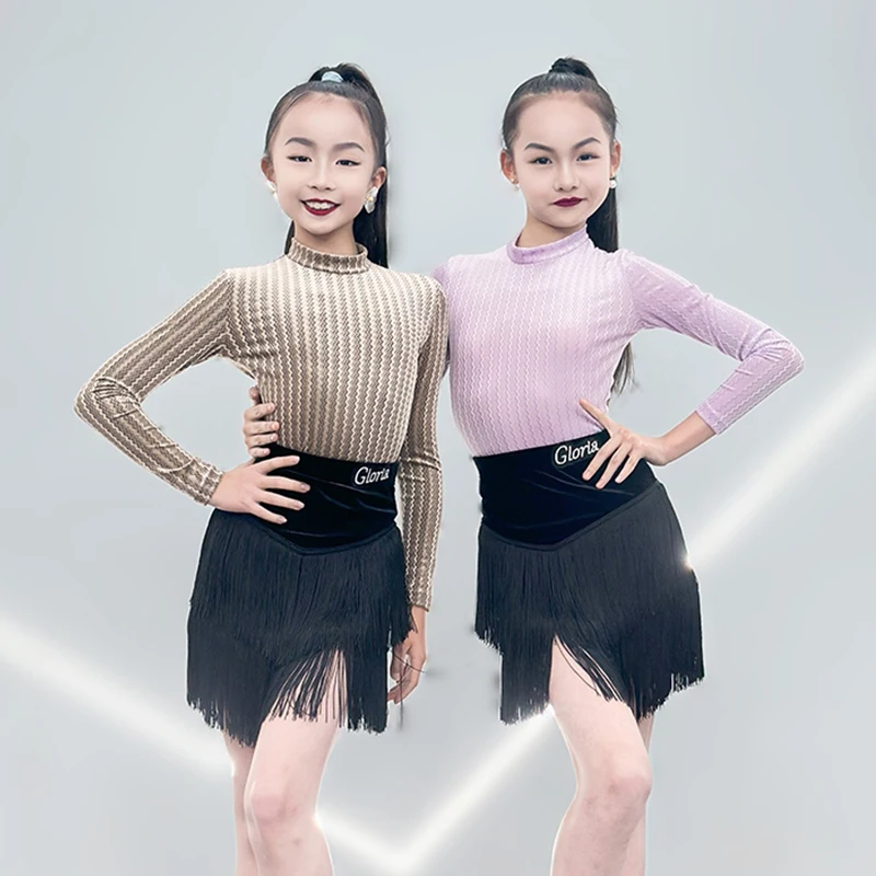 

Latin Dance Clothes For Girls Autumn Winter Velvet Long Sleeve Tops Fringed Skirt ChaCha Rumba Dancing Performance Wear VDB7742