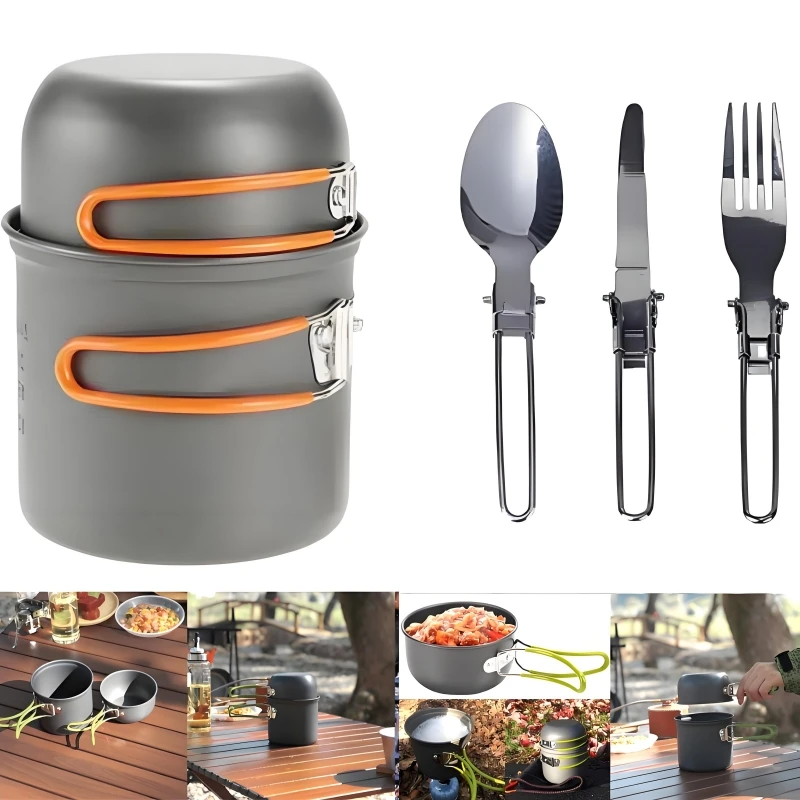 Portable Camping Cookware Set Outdoor Pot Mini Gas Stove Sets Nature Hike Picnic Cooking Set With Foldable Spoon Fork Knife