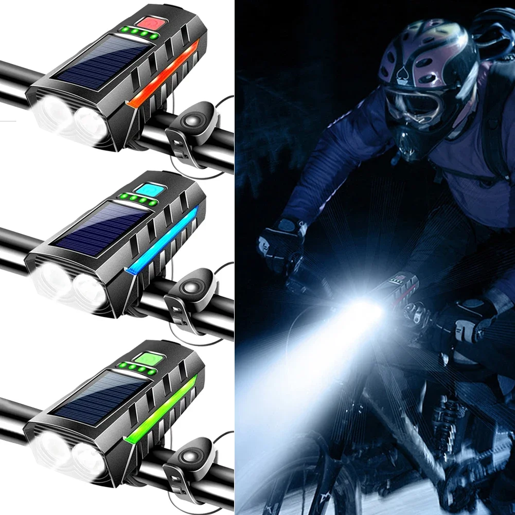 Solarna lampka rowerowa LED z klaksonem 130 dB MTB Road Bike Przednia lampka rowerowa USB z możliwością ładowania Latarka rowerowa z wysokimi światłami do nocnej jazdy