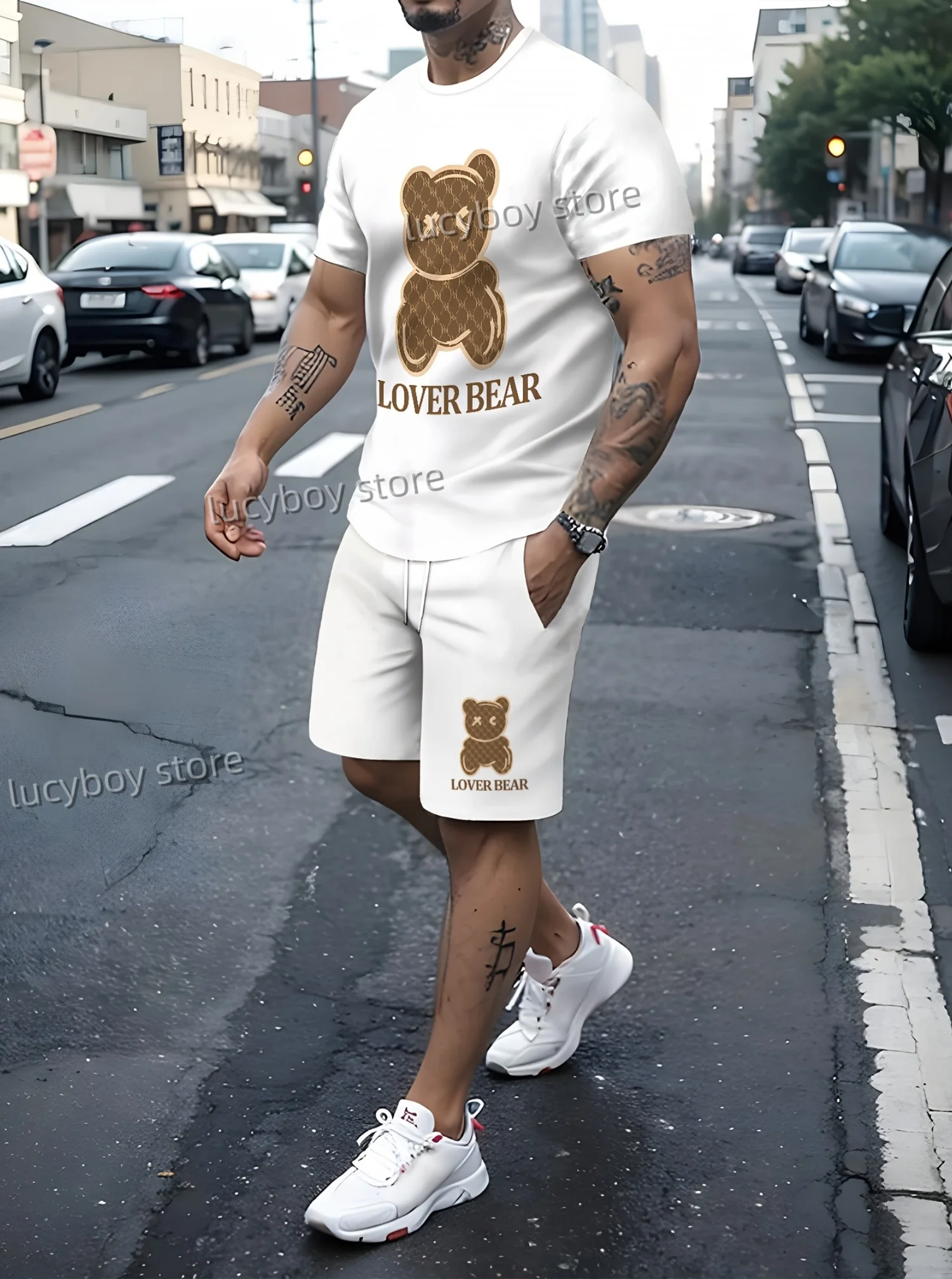 LOVE BEAR Printed Men's Suit 2 Pieces Tracksuit Set Casual Suit Sportswear Fitness Set  Men's Tracksuit  plus size men clothing