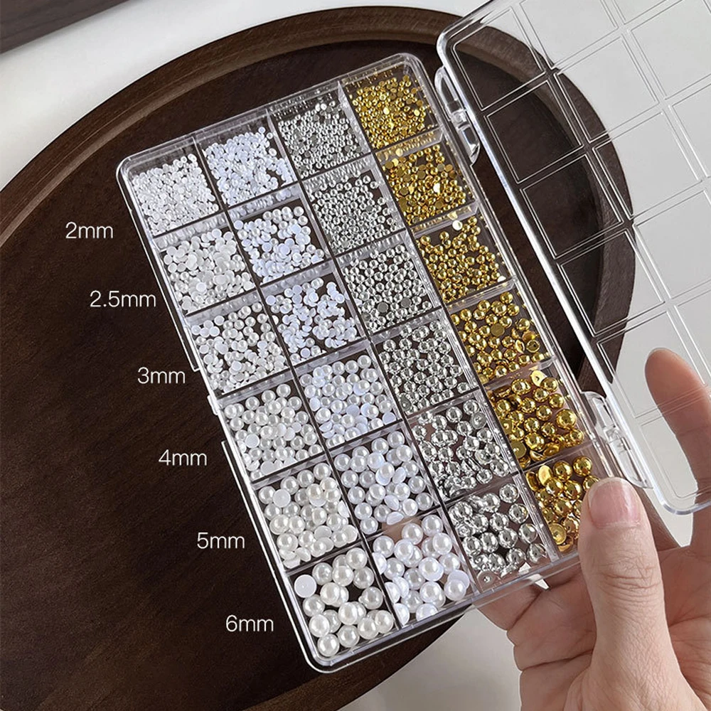 24 Grids Mixed Size Half-Round Pearl & Metal Steel Beads Nail Rhinestones 2-6mm Flatback Nail Art Decorations DIY Manicure Acces