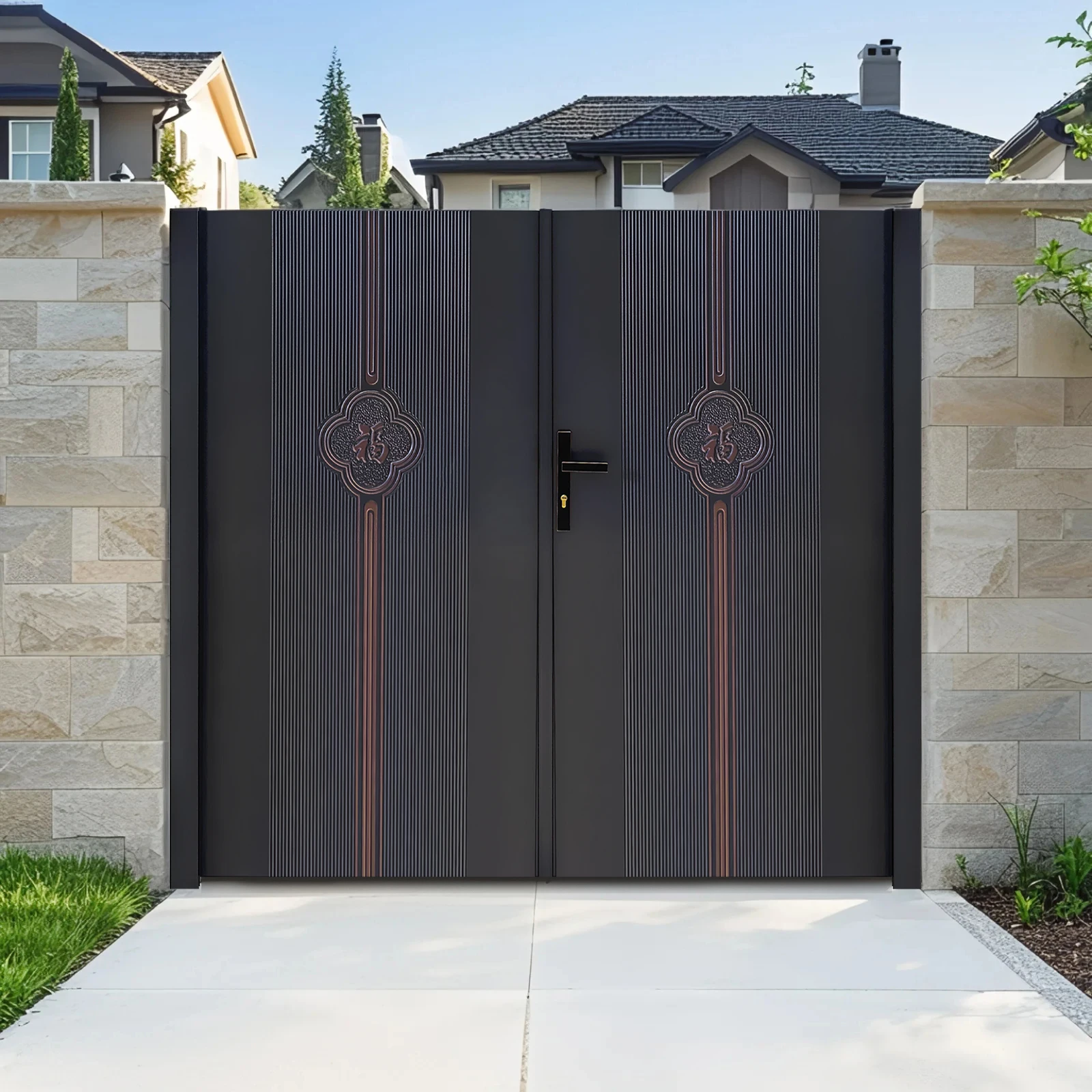 التخصيص لوحات مزدوجة سوينغ نمط الفولاذ المقاوم للصدأ درب بوابات أحدث تصاميم البوابة الرئيسية بوابات الألومنيوم الزخرفية #2