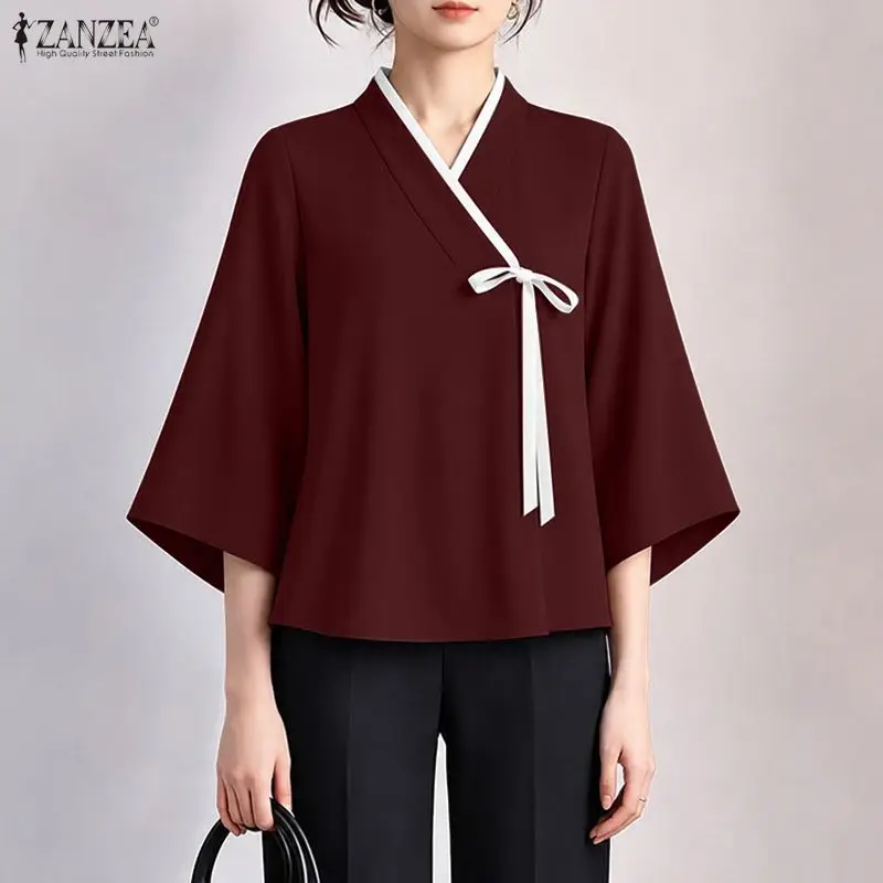 ZANZEA Blusa cruzada con cuello en V estilo chino para mujer, elegante con ribete en contraste, lazo frontal, manga 3/4, holgada, para oficina, trabajo, camisa tipo kimono, tops