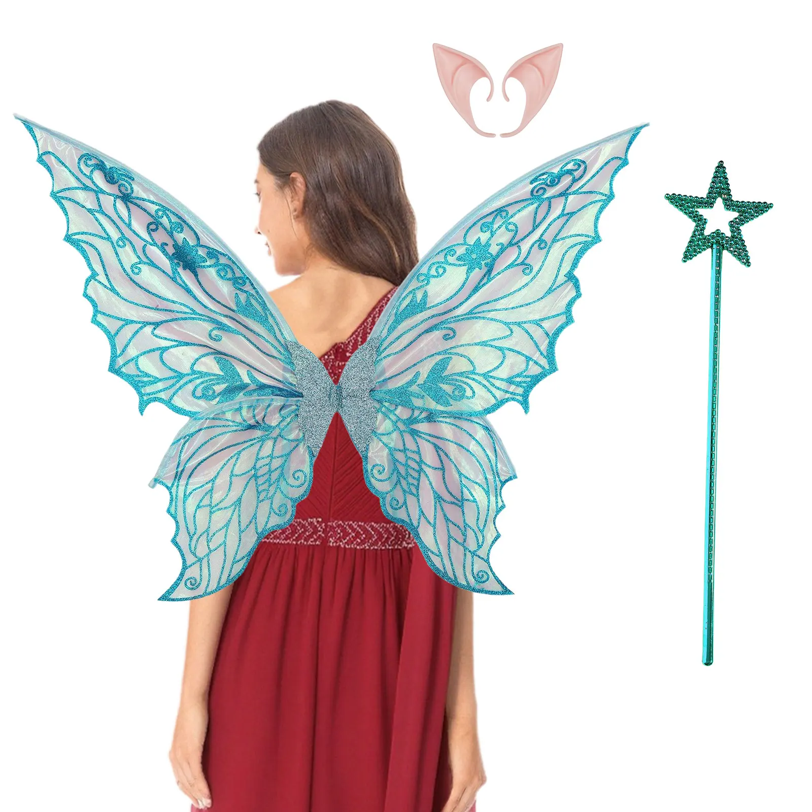 1 Set Gradient Sheer Shiny Wing+Realistic Elf Ears+Fairy Stick Set Party Props for Halloween Carnival Masquerade Cosplay Party