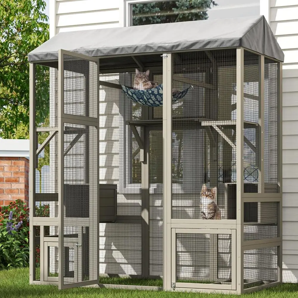 

71 Outdoor Cat Enclosure with AC, Hammock, 7 Platforms, 2 Boxes, Waterproof Cover - Grey