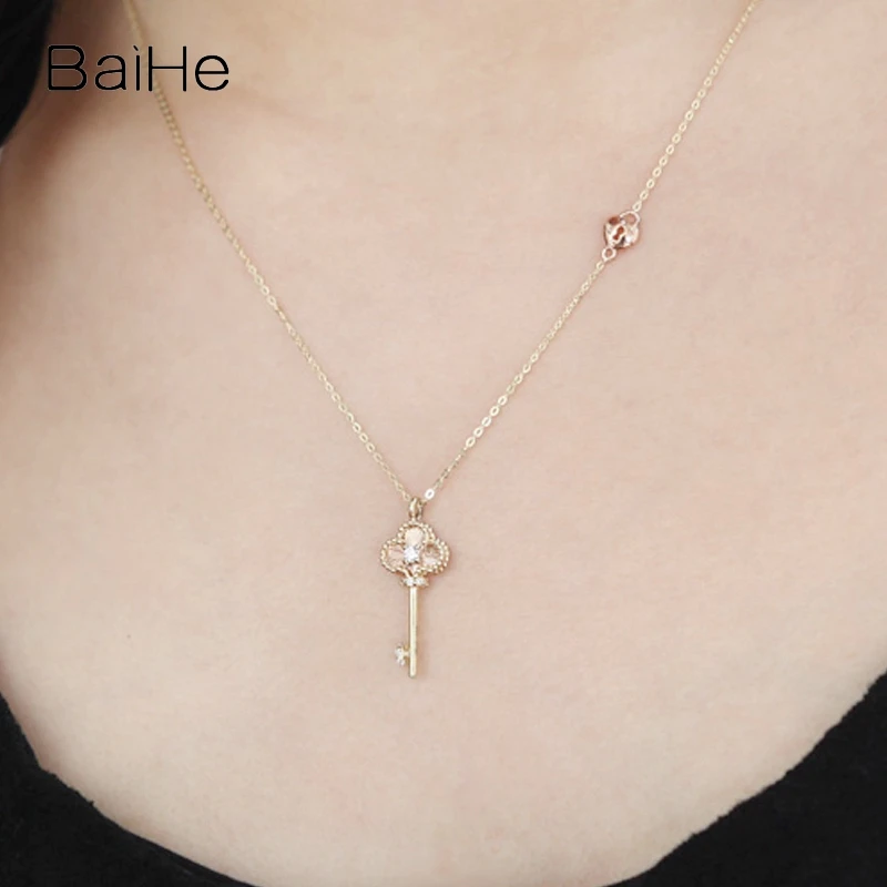 BAIHE Solid 14K Yellow Rose Gold Natural Diamond Key Pendant Necklace Women Party Birthday Fine Jewelry Colar pingente chave