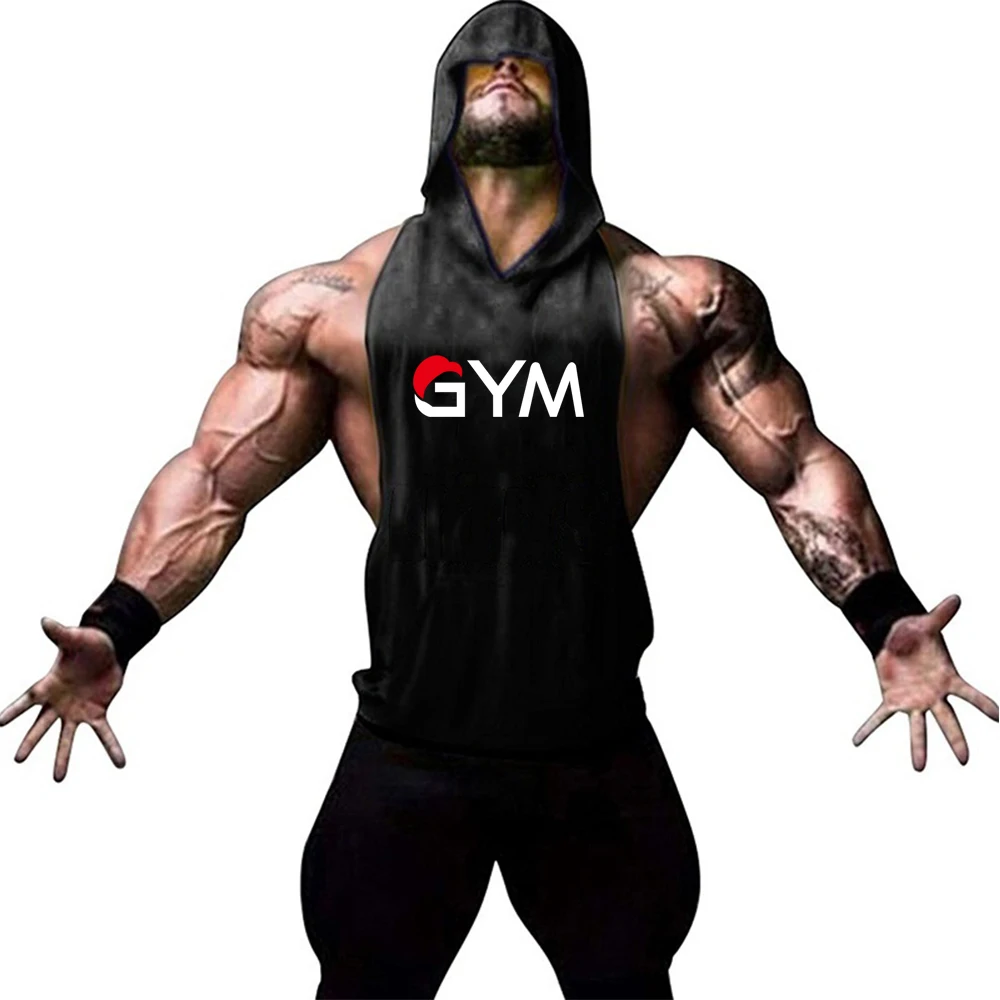 GYM Print Men Fitness Hooded Tanktop Gym Sleeveless Bodybuilding Tee Shirt Fashion Stringer Male Workout Hooded Vest Sportswear