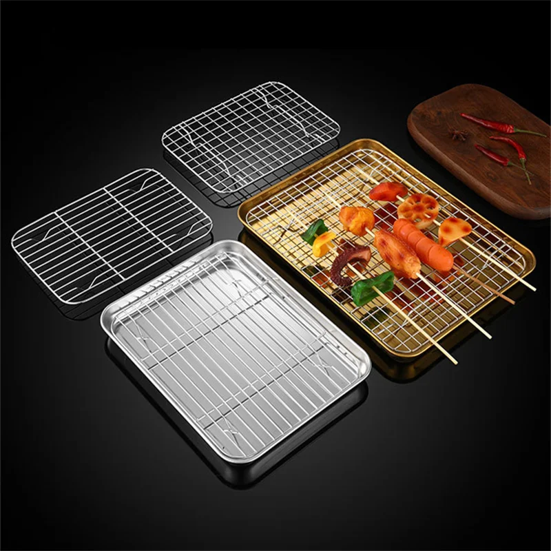 

Stainless Steel Barbecue Tray with Cooling Rack Silver Golden Grid Bakeware Kitchen BBQ Baking Pan Fruit Food Plate Organizers