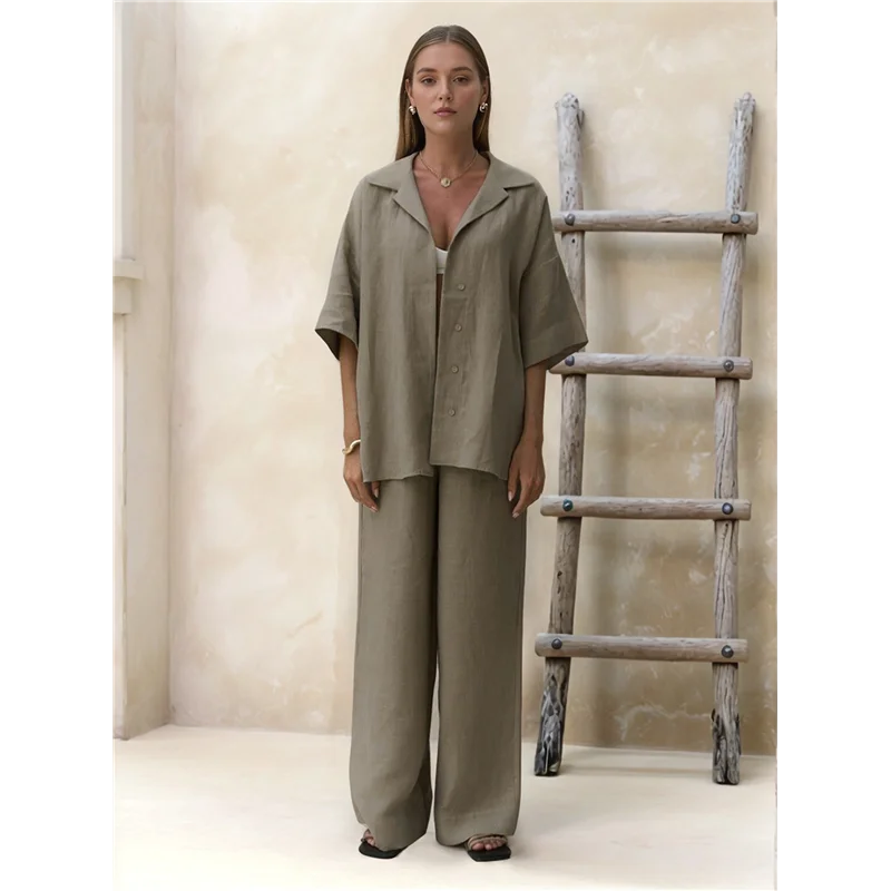 A09P Conjunto de 2 piezas para mujer, color sólido, manga larga, pantalones de lino, traje, camisa, chándal de pierna ancha, pantalones rectos informales