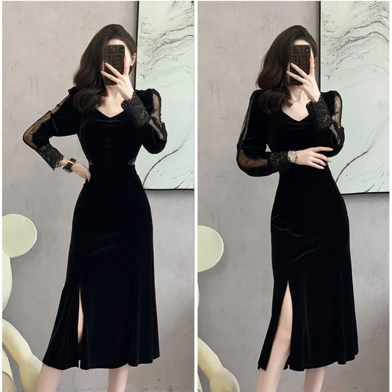 Golden Velvet Dress Women's Autumn and Winter Korean Edition Elegant Celebrity Long Sleeved Lace Split Solid Color Long Skirt