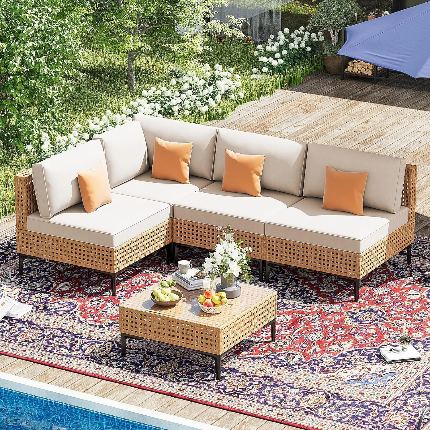 

Outdoor Sectional 5 Piece Patio Furniture Set Free Combination Outdoor Couch With Thick Cushion All Weather Wicker, Customized
