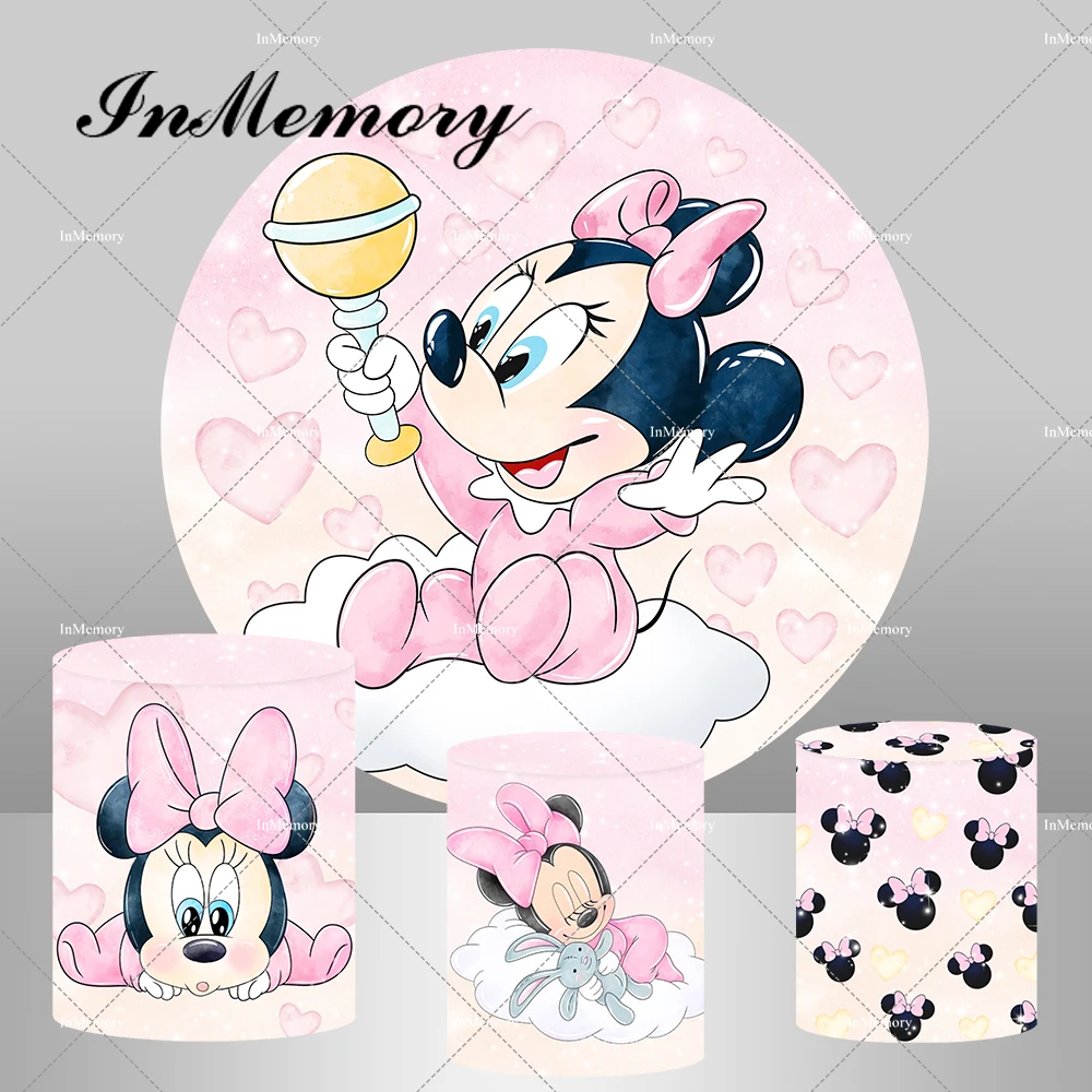Minnie Mouse Tema Backdrop Capa para Baby Shower recém-nascido, 1st Birthday Party, Round Cake Cover, Sobremesa Banner, Pedestal Covers