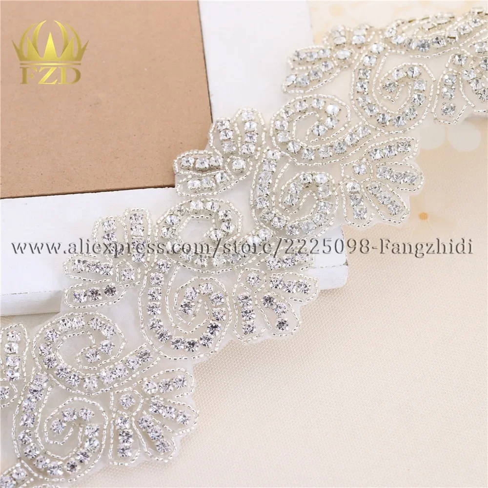 FZD 1 Yard Rhinestones Crystal Flower Shape Crystals Sew On Sash Belt Shiny Glass Appliques Motif For Wedding Dresses Belts