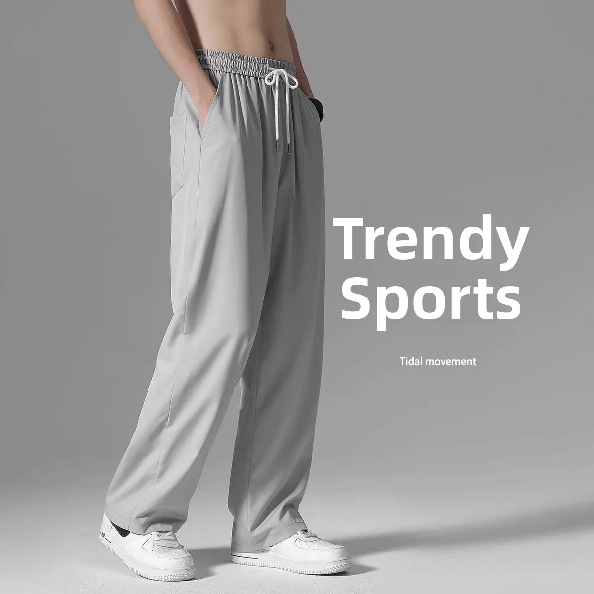 

Men's Straight Leg Pants Summer New Ice Silk Loose Casual Student Pure Color Wide Leg Thin Long Trousers mid Waist Belt