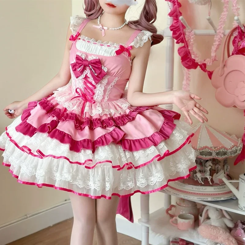 Pink Sweet Lolita JSK Dress Kawaii Lace Ruffle Bow Tiered Princess Mini Dress for Tea Party Cosplay
