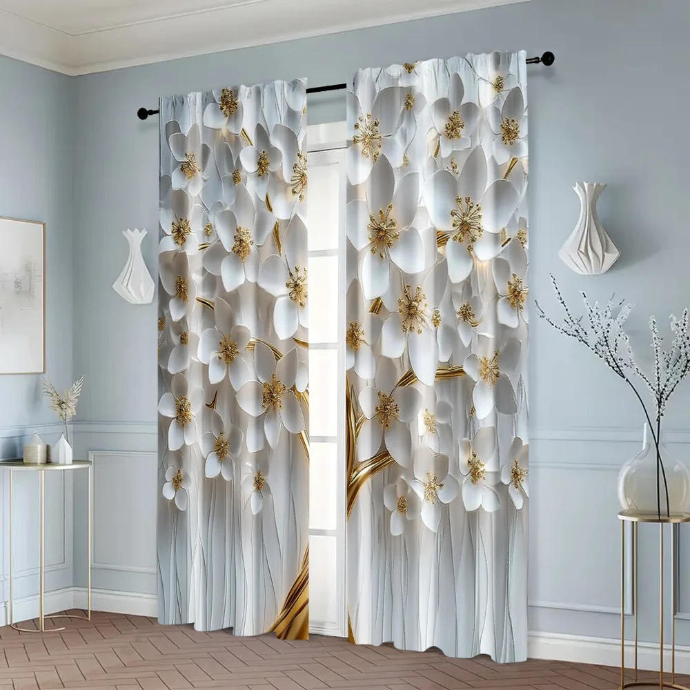 2pcs, Popular Curtain Panels 2D print White Floral Print Versatile Polyester (without rod) Holiday for Kitchen Living Room - Image 6