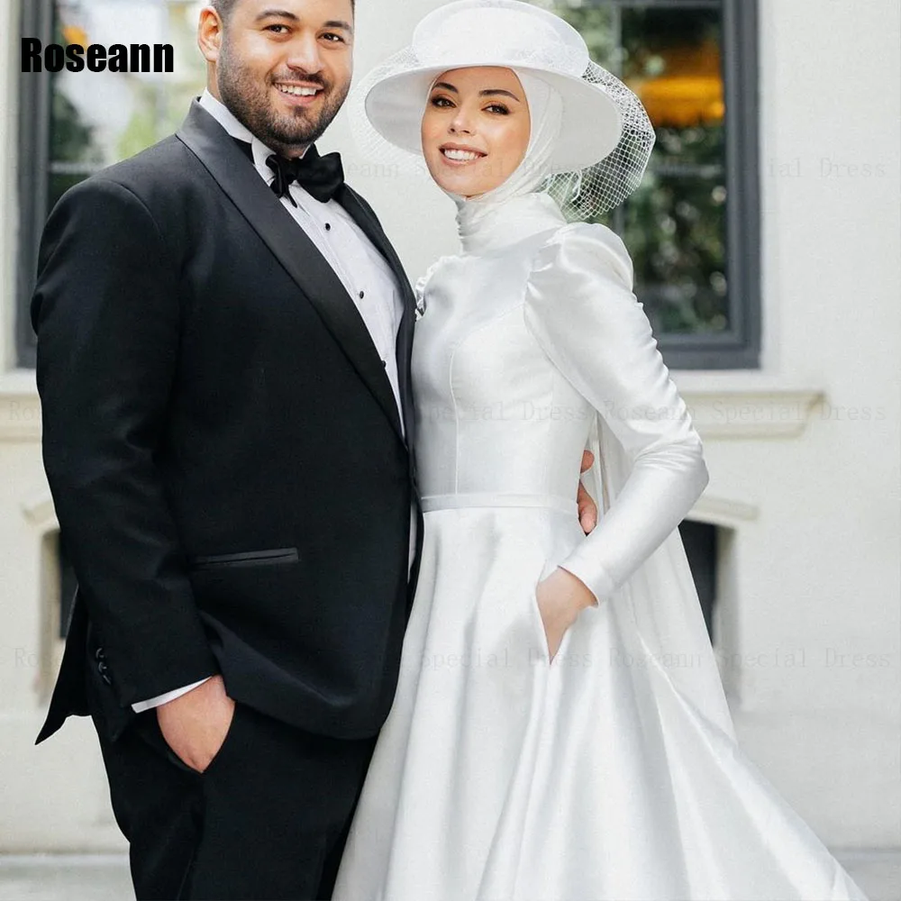 Vestido de novia musulmán de marfil, traje de novia con línea A, cuello alto completo, satén, drapeado, plisado, largo hasta el suelo, tren de cepillo, 2024