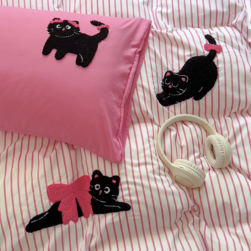 Cartoon Kawaii Cat Bedding Set Purple Duvet Cover Flat Sheet Pillowcase Kids Girls Bed Linen Bedspread Full Twin Size NO Filling