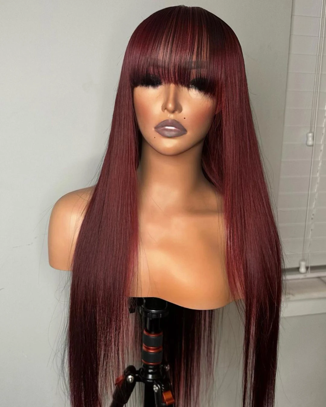 

Burgundy 99j Long 180Density 26“ Soft Glueless Silky Straight Machine Wig with Bangs For Black Women BabyHair Heat Resistant