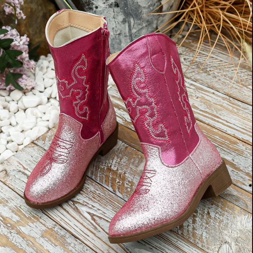 Girls Embroidery Boots Toddler Snow Gear Mid Calf Glitter Western Cowboy Boot 2026Autumn Kid Girls Fashion Party Botas Kids Shoe