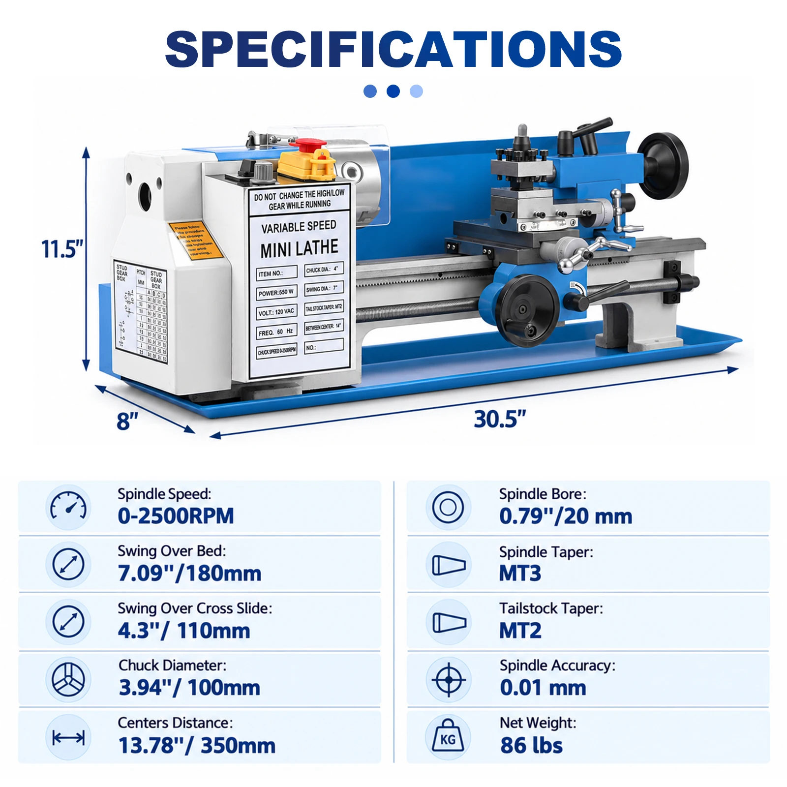 SIHAO 7x14 Inch Mini Metal Lathe Machine, 550W Variable Speed Benchtop Lathe with Metal Gears & 4