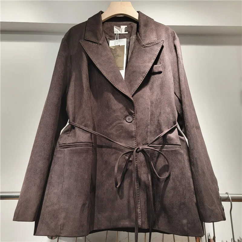 WTHT 패션 여성 붕대 라펠 디자인 솔리드 컬러 코트 트렌디 2025 가을 긴팔 턴다운 칼라 재킷 여성 1LS2365